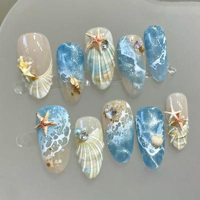 30Pcs Beach Style Press On Nails, Ocean Wave Starfish Seashell Design, 3D Rhinestone Nail Art, Summer Vacation Fake Nails
