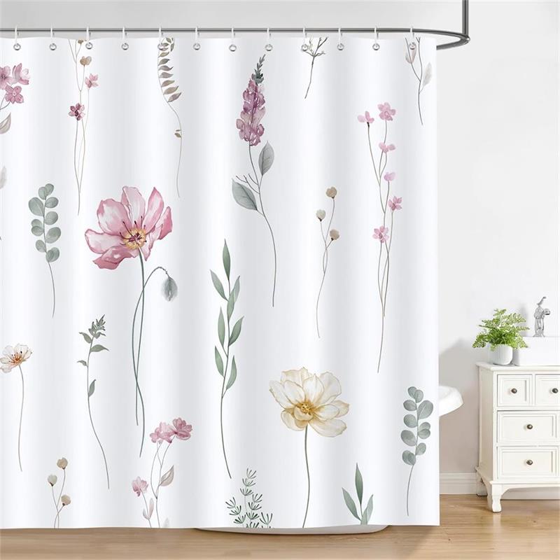 Blumen Duschvorhänge Aquarell Blumen Eukalyptusblätter Schmetterling Libelle Pflanze Polyester Stoff Badezimmer Vorhang Dekor