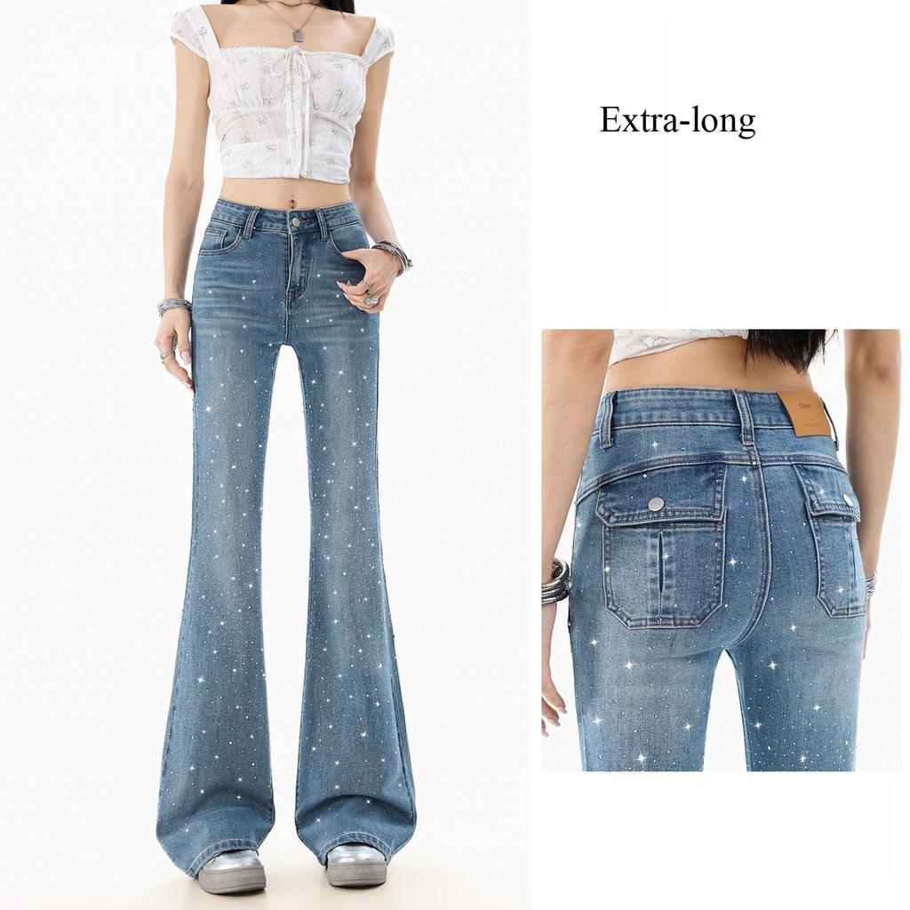 Spring Summer All Star Rhinestone High Waist Slim Stretch Light Tone Fashion Micro Flare Denim Pants Women Casual Pants Oversize Denim Trousers