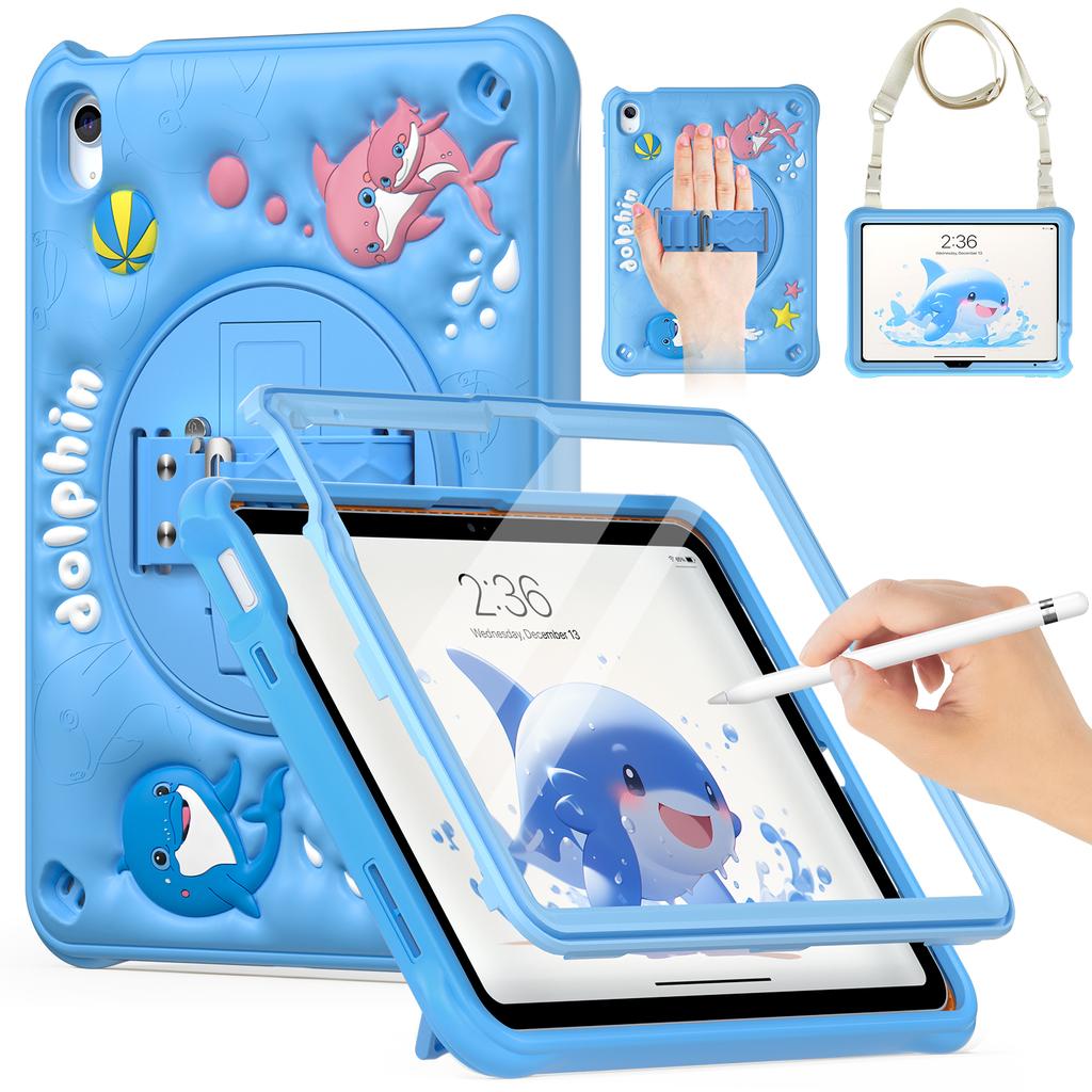 For iPad (2025)/10.9 (2022) Case with Shoulder Strap Kickstand PC+Silicone+TPU Cute Dolphin Cover