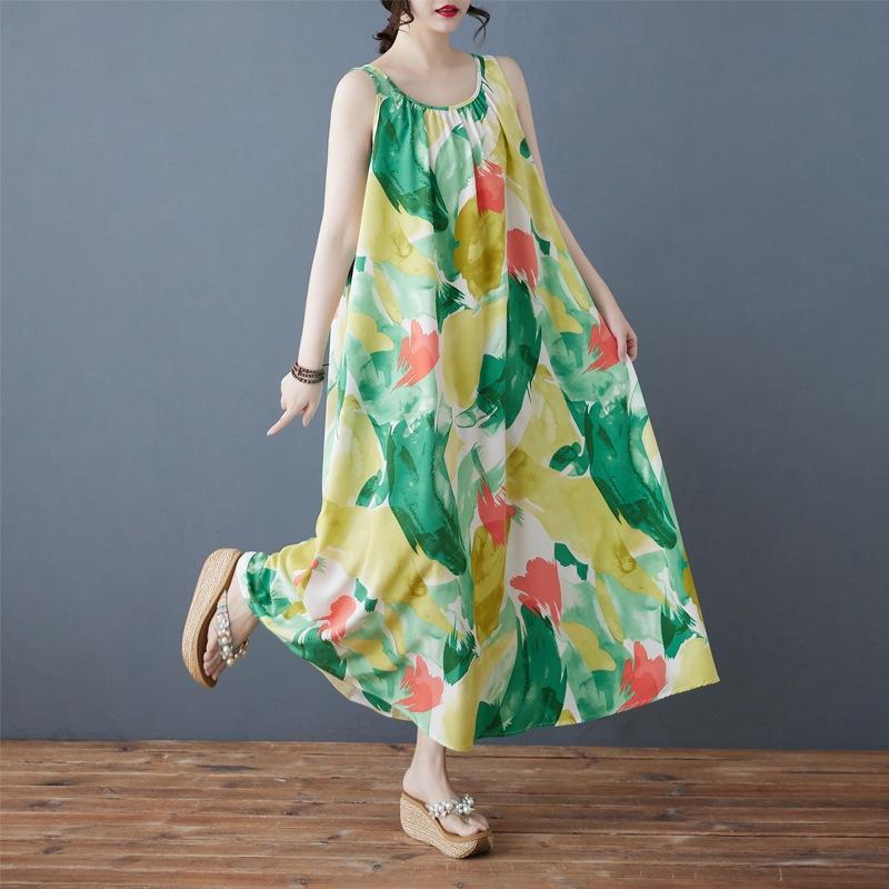 2025 summer new large size Korean version loose chiffon printing round neck sleeveless medium and long dress