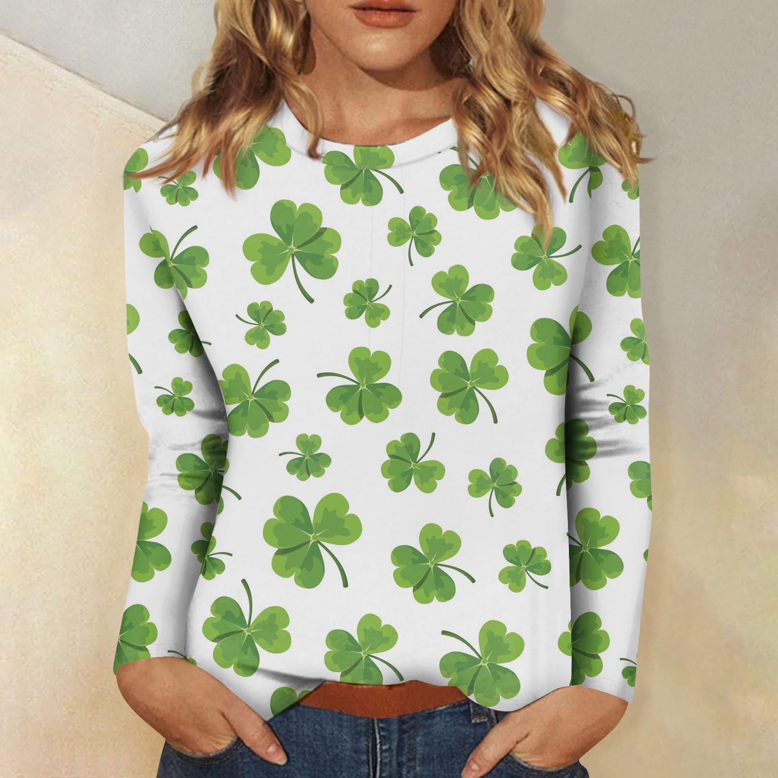 

Жіноча мода повсякденна з довгим рукавом St. Топ-блузка з пуловери з круглим вирізом і принтом до Дня Святого Патрика S білий