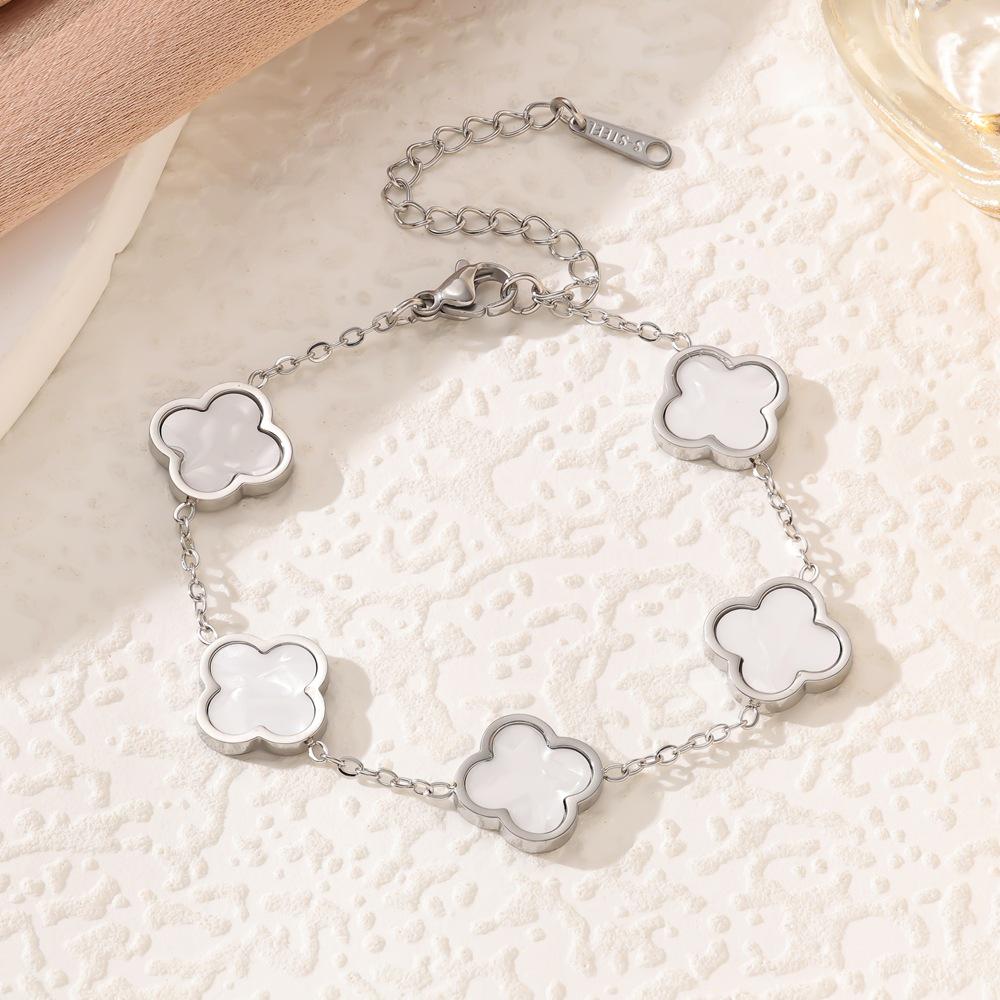 18k Gold-Plated Titanium Steel Four-Leaf Clover Bracelet with Mother-of-Pearl for Women