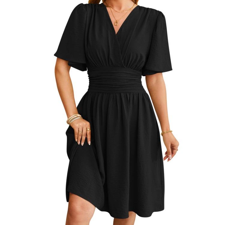 Summer Casual V Neck Short Sleeve A Line Midi Dress Women Solid Color Fashion Dress