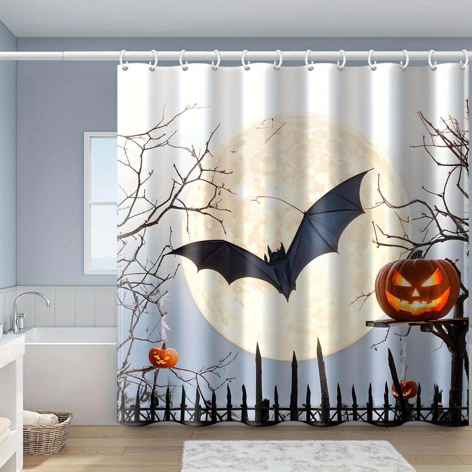 

Halloween Bright Moon Bat Printed Shower Curtain, High Quality Polyester Fabric With Hooks W60H190(CM)-1 Pcs