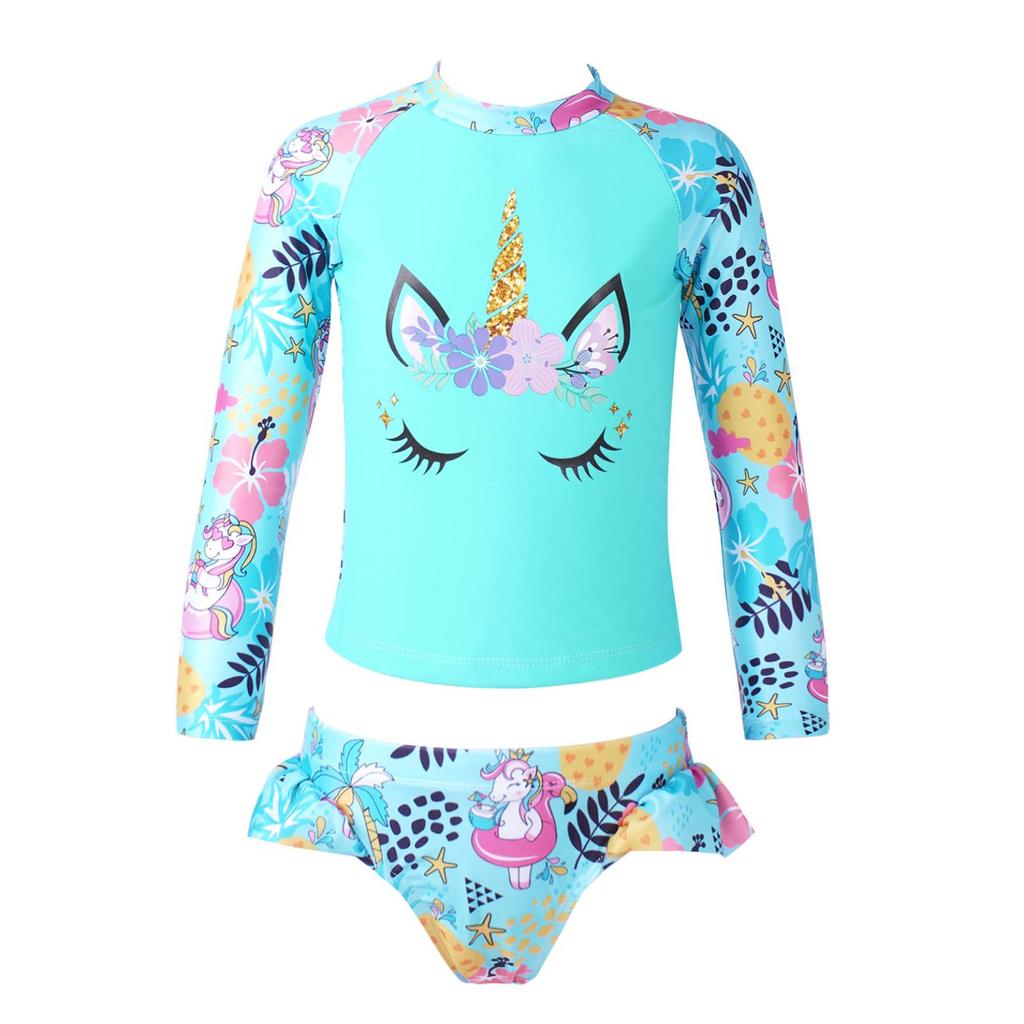 2-teiliges Kinder-Badeanzug-Set für Mädchen mit Fischschuppen-Aufdruck, Strand-Outfits, Tops und Slips mit Cartoon-Pferd-Aufdruck, Strandbadebekleidung, Badeanzüge
