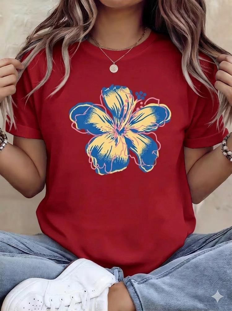 Unisexs Retro Tropical Hibiscus Flower Graphic Tee Casual Spring Summer TShirt S