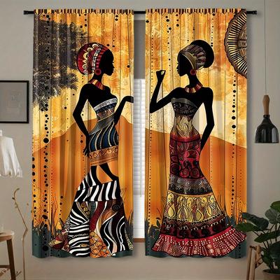 African Women Print Rod Pocket Window Curtains - 2pcs Woven Polyester Pongee Decorative Panels for Bedroom Living Room and Offi