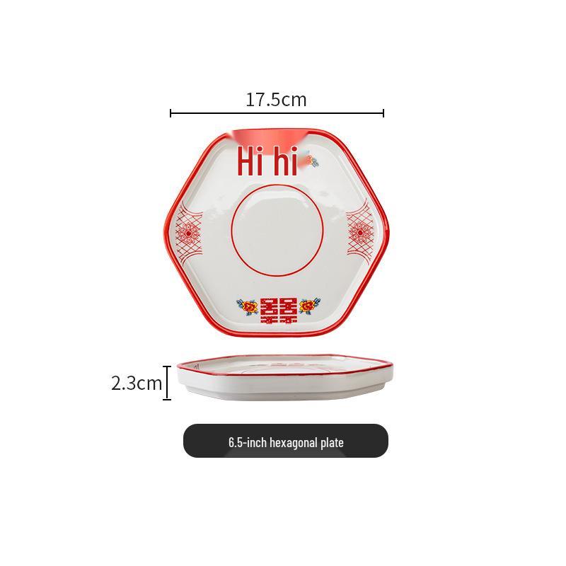 Set di Piatto Rotondo Rosso Ceramica Retrò Doppia Felicità - Piatto Basso, Piatto Piatto, Piatto per Hot Pot, Piatto per Carne, Piatto per Salsa e Piatto per Pesce per Tavola da Ristorante.