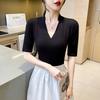 Threaded V-neck T-shirt, women's mid sleeve, slim fit and slimming, spring and summer new style, sexy and versatile temperament top JS