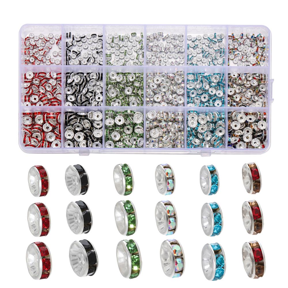 600-1080pcs Silver Color Rhinestone Rondelles Crystal Bead 4-8mm Loose Spacer Beads Kits for DIY Jewelry Making Supplies Set