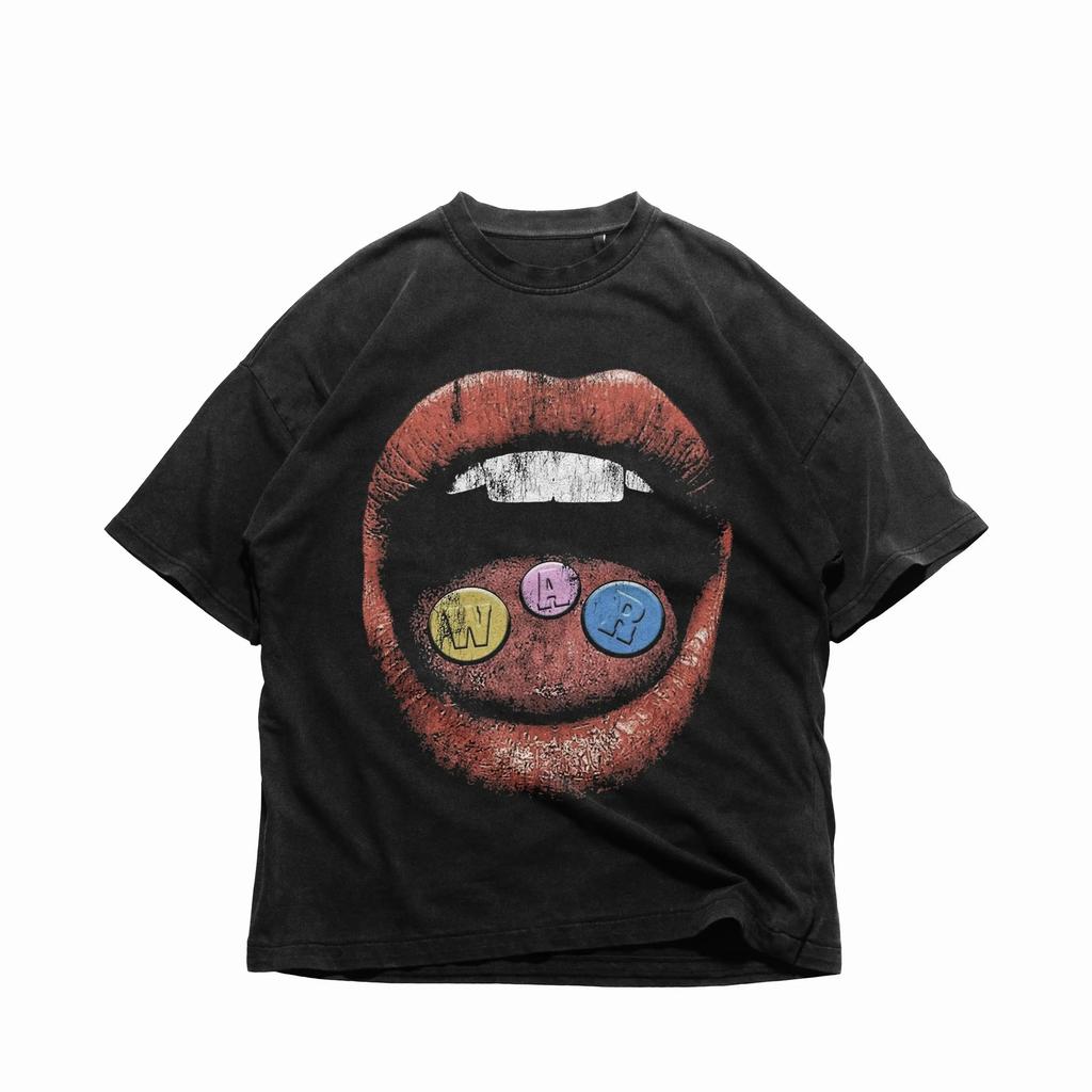 Vintage Trend  Summer Cotton Short Sleeve TShirt Men Y2K Lips Graphic Print Casual Round Neck Streetwear Short Sleeve Top