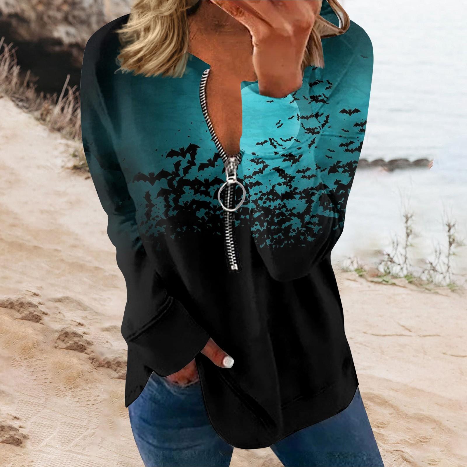 

Женская мода с длинным рукавом и принтом на молнии с капюшоном на Хэллоуин XXL