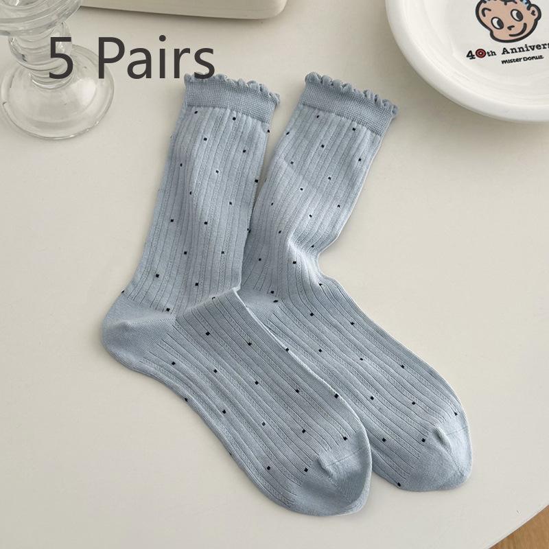 

5 пар тонких универсальных носков до середины голени с вертикальными полосками и кружевом в горошек на весну и лето 5 Pairs синий