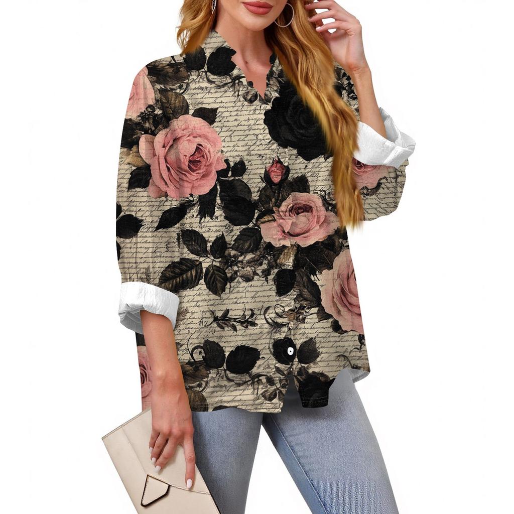 Women's Loose Ruffled Retro Floral Print Stand Collar Long Sleeve Cotton And Linen Top