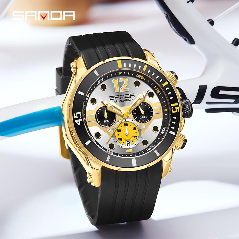 Sanda Men's Quartz Watch - Fashionable, Waterproof, Multifunctional Design with Three Dials and Date Display.
