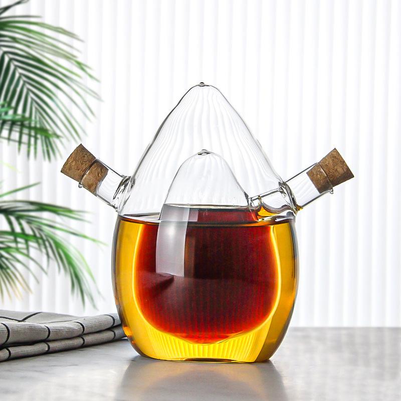 Double-layer Glass Oil Jug 2-in-1 Oil Vinegar Bottle Home Creative Double-mouth Cork Shaped Glass Oil Jug Kitchen Seasoning Tool