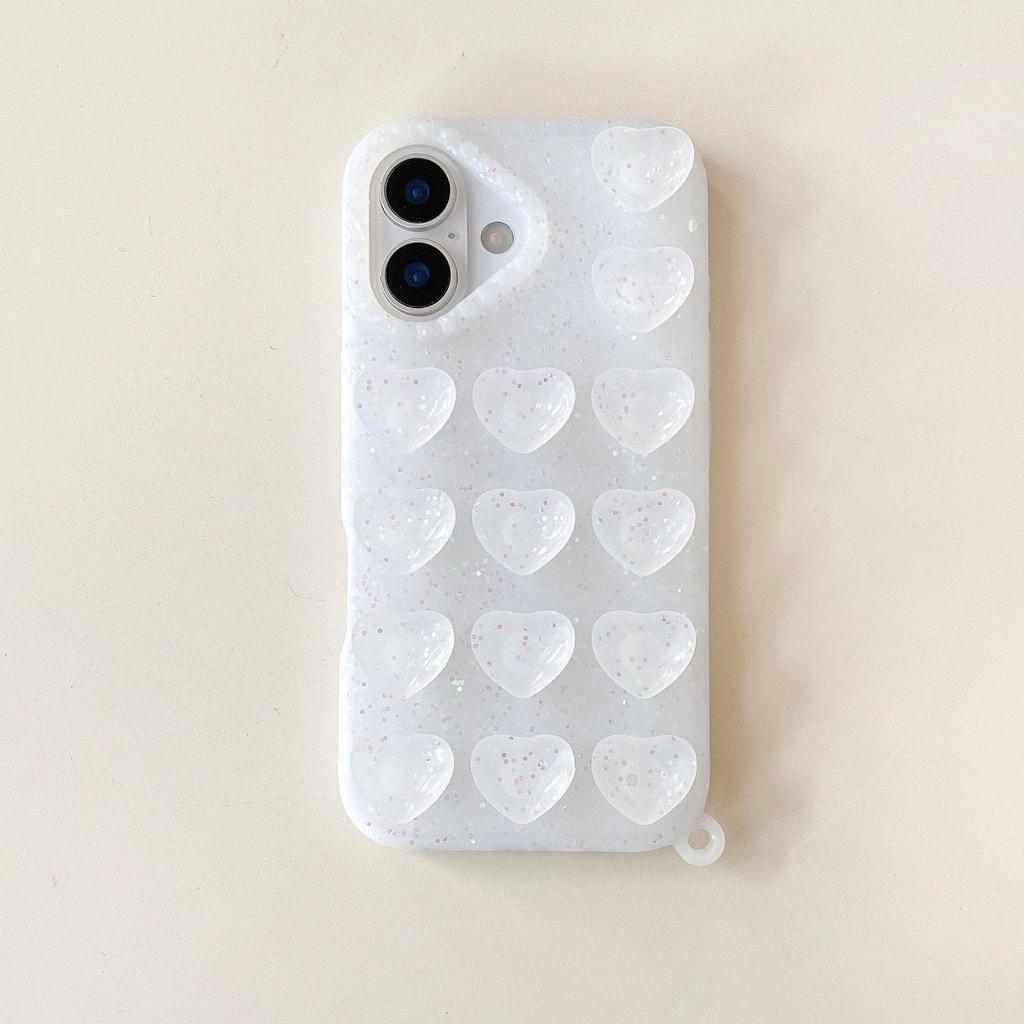Heart-Shaped Glitter Phone Case with Suction Cup for Apple 17 PROMAX, Trendy 16ins Style 14PRO, Creative 15 Semi-Transparent