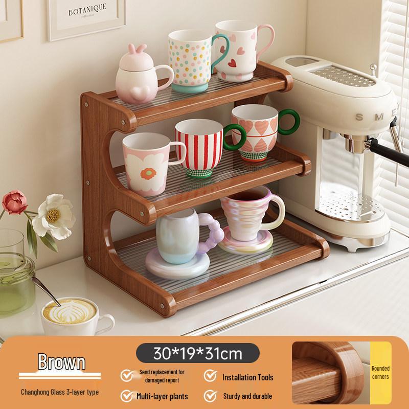 Solid Wood Multi-layer Teacup Display & Storage Rack for Desktop or Countertop