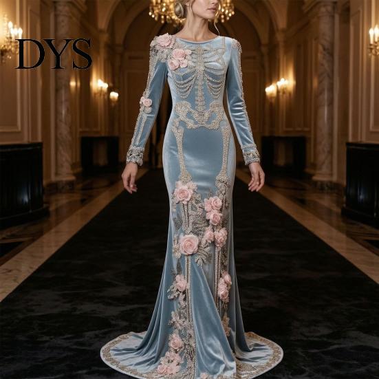 Floor Length Dress Women Skeleton Print Maxi Dress, Gothic Long Sleeve with Evening 3D Flower Decor, Velvet Floral for Halloween Costume Party
