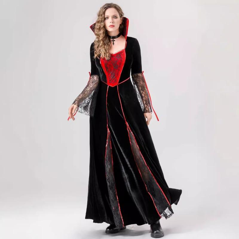 Halloween Vampire Queen Witch Red and Black Long Dress Demon Dress Up Costume Cosplay Costume