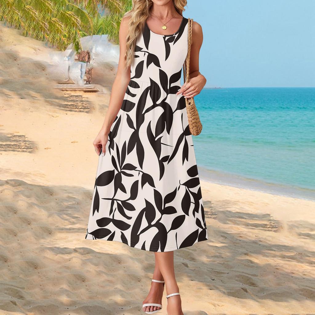Modisches Damen-Sommerkleid, elegante Freizeitkleidung, Strandurlaub-Sonnenrock mit Taschen