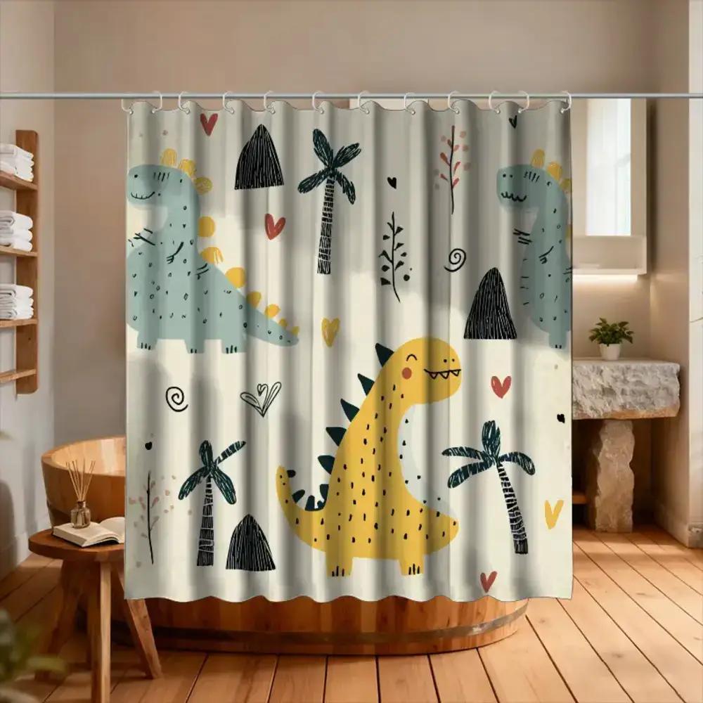 

A Bathroom Shower Curtain Featuring A Dinosaur Archaeology Theme For A Tropical Style Day, Includes 12 Hooks, Measuring 70.87*70 W60H190(CM)-1 Pcs