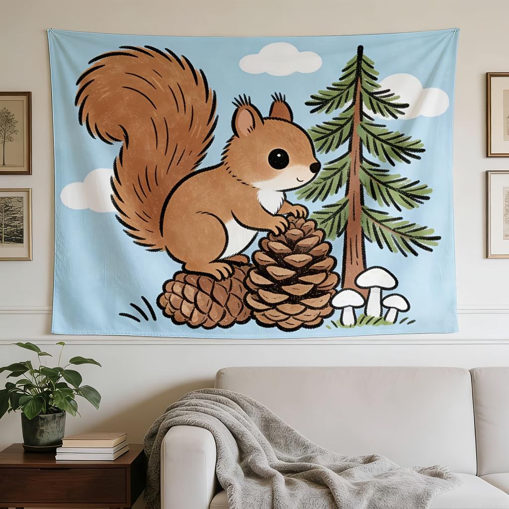 Horizontal Forest Tapestry Wall Hanging - Squirrel Pinecone Suitable for Dorm, Horizontal Wall Panel with Squirrel & Pinecone Print, Fabric Decoration