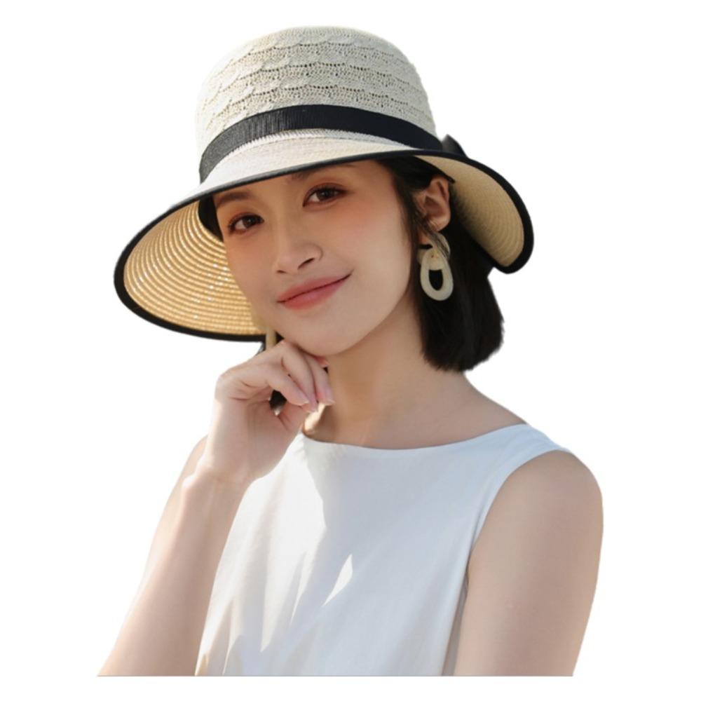 Fashionable Breathable Straw Outdoor Sun Hat Bowknot Design Elegant Beach Hat French Style Seaside Sun Cap Summer Vacation