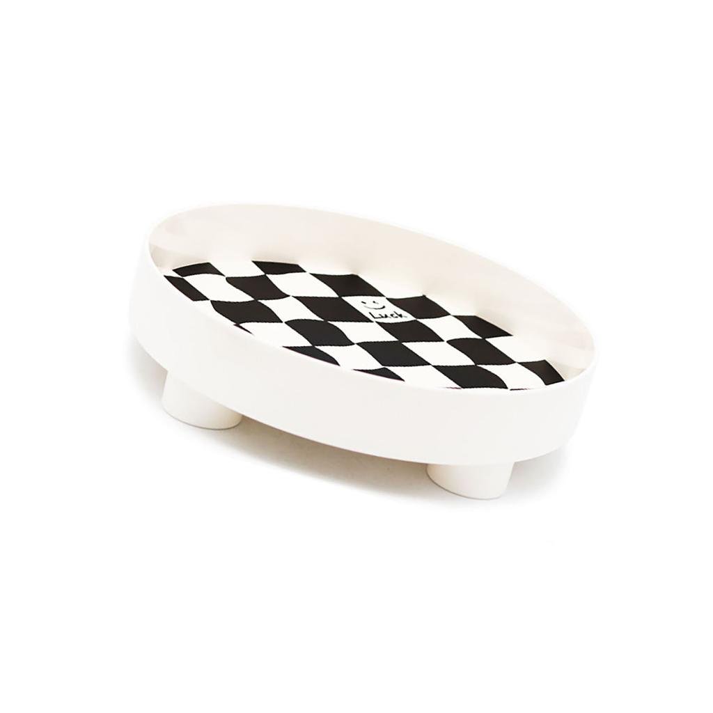 Round Storage Organizer Tray Checkerboard Design Plate Container Tray for Fruit Perfume Jewelry White, Small