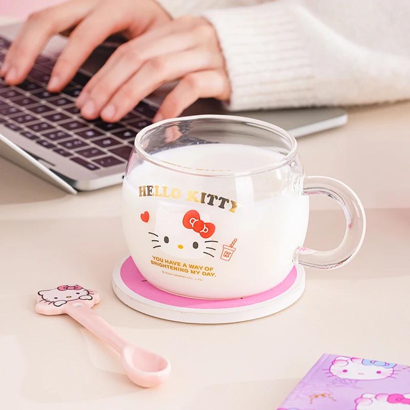 Pour Sanrio Tasse en Verre pour Enfant Tasse à Café Verre Borosilicate Élevé Tasse à Eau avec Poignée pour Impression Kuromi&Hello Kitty Tasse à Lait Jus