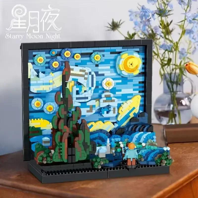 New World Masterpiece Vincent Van Gogh Pixel Painting Starry Night Micro Building Block Brick Creative Decorative Model Toy Gift