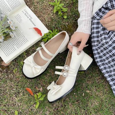 Retro Thick Heel Mary Jane Shoes Women's New Light Mouth with Skirt Round Head Bow Versatile Single Shoes