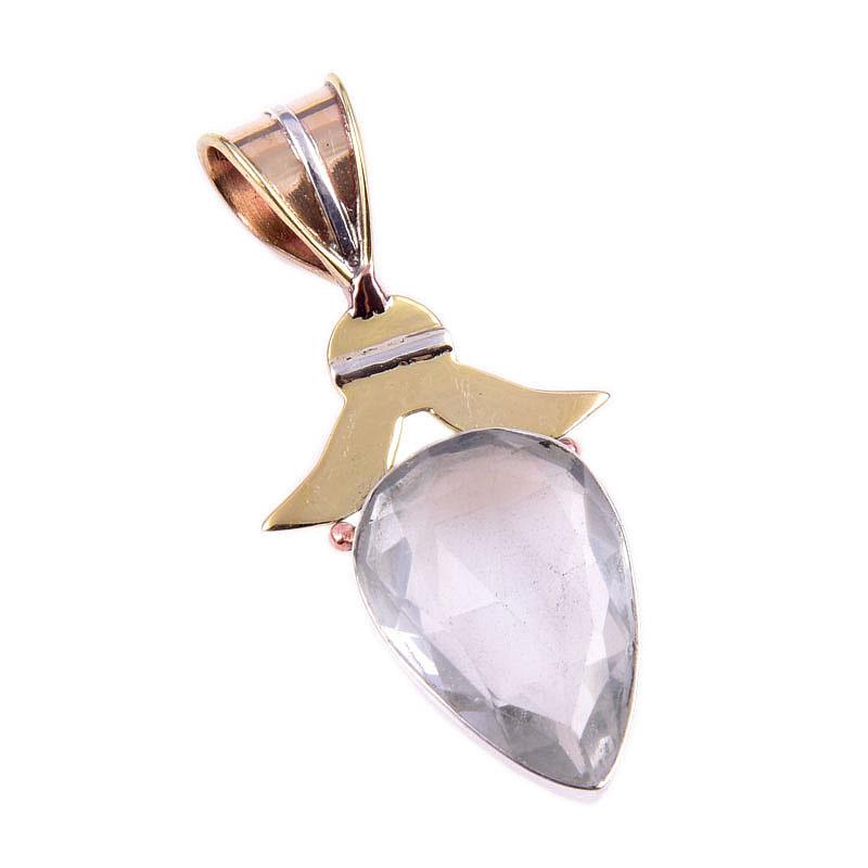 Natural Crystal Quartz 925 Solid Sterling Silver Gift TwoTone Pendant 1.75" J6W34