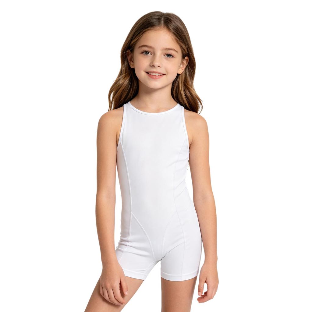 Kids Girls Gymnastics Dance Bodysuit Round Neck Sleeveless Back Invisible Zipper Thigh Length Jumpsuit for Practice Training