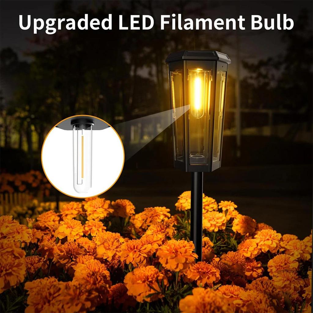 Solar Walkway Led Filament Warm Lamp Powered Lights Outdoor Garden Automatic Lighting Driveway Waterproof Stake Pathway Wireless