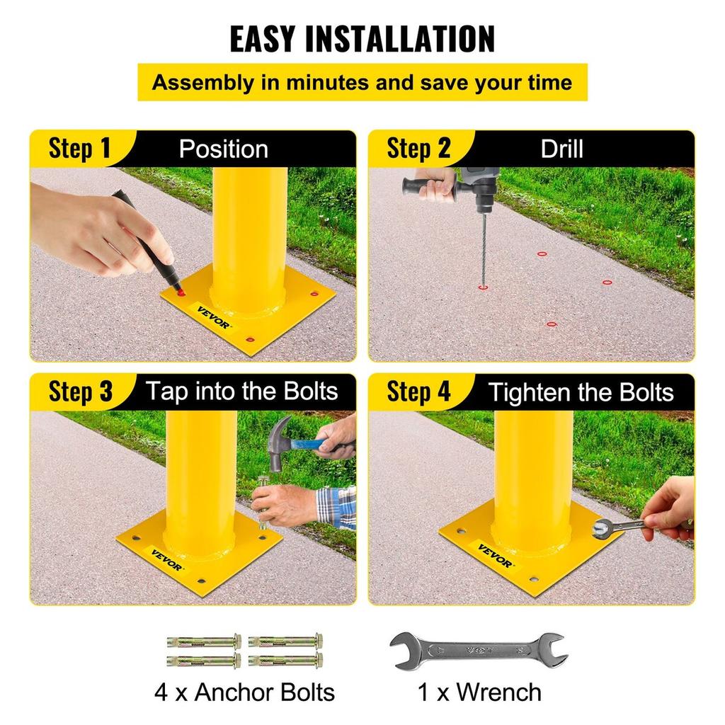 Safety Bollard 48"x5.5", Safety Barrier Bollard 5-1/2" OD 48" Height, Yellow Powder Coat Pipe Steel Safety Barrier, with 4 Free Anchor Bolts, for