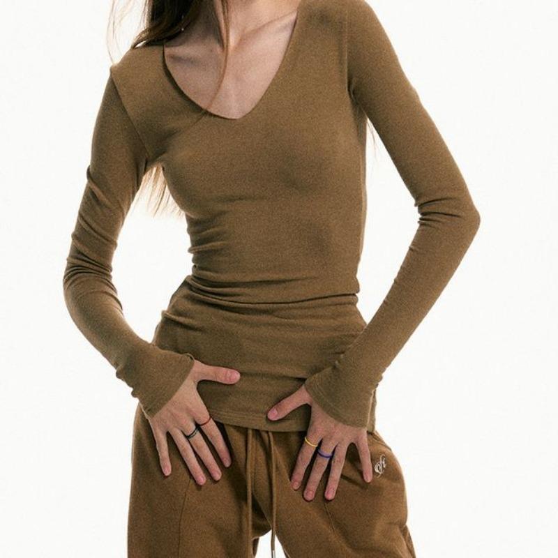 New Multi-color V-neck Solid Color Bottoming Long-sleeved Off-shoulder Autumn and Winter T-shirt Top