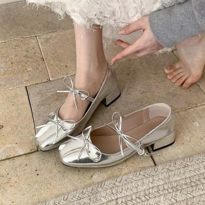Coarse Heel Version~ Temperament Bow Light Mouth Single Shoes Spring and Autumn Word with Square Head Mary Jane Shoes