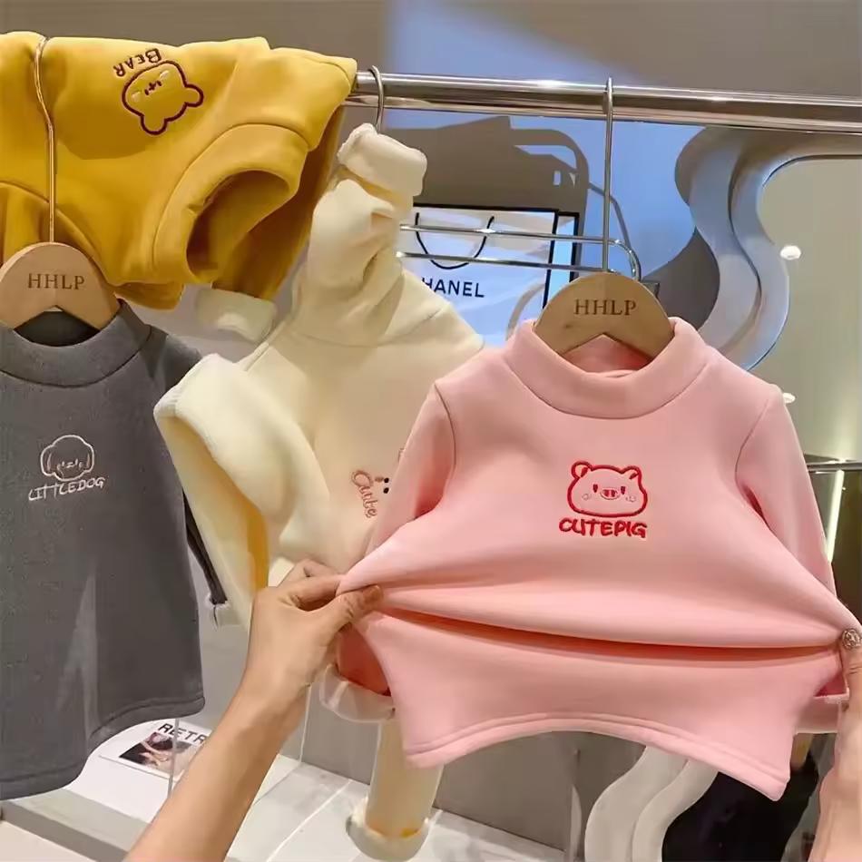 Unisex Fleece-Lined Animal Sweatshirt Base Layer Warm Cozy Children's Outerwear for Autumn Winter Girls Cute Animal Print Tops