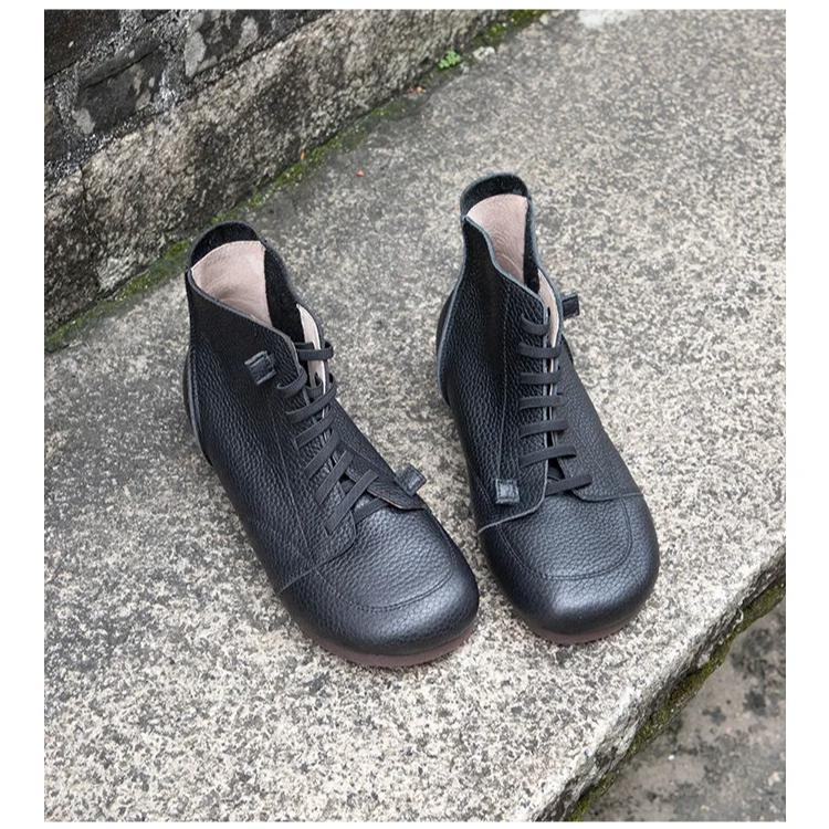 Johnature Handmade Genuine Leather Flat Ankle Boots Casual Soft Cowhide Soft Soled Women's Shoes
