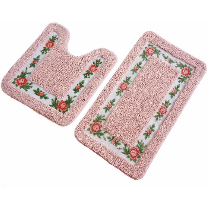 UKELER Non-Skid Floral Rose Bathroom Contour Rugs, Set of 2 Soft Shaggy Non Slip Bath Shower Mat and U-Shaped Toilet Floor Rugs, Pink