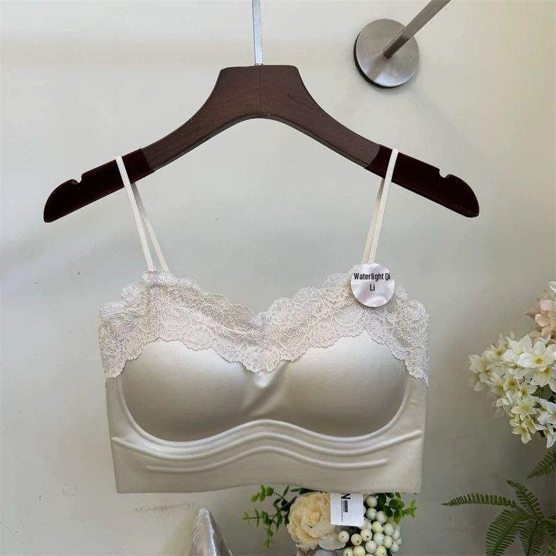 French Pearlescent Lace Camisole: Luxurious Satin Backless Top with Fixed Cup