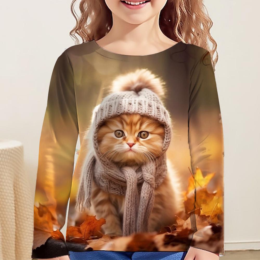 Children's Clothing Long Sleeve Cat Print O-Neck Kids Spring Fall Clothes Fashion Cartoon Girls Clothes T-Shirt Streetwear Tops