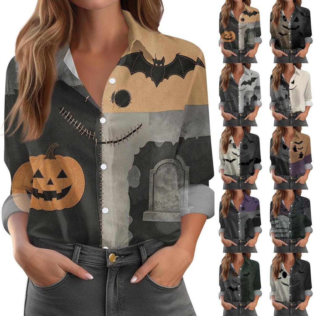 Women's Long Sleeve Button Down Shirt Casual Regular Fit Halloween Print Shirt Top with Classic Collar and Full Button Closure
