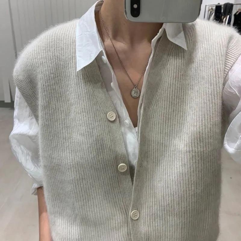 WTEMPO Solid Color Knitted Vests Office Ladies Elegant V-Neck Button Cardigans Coats Women's Spring Autumn Loose Sweater Vests