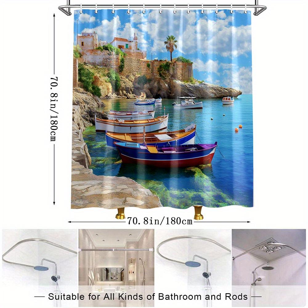 1pc Stunning Coastal Boats Shower Curtain with Beautiful Sea View Polyester Fabric Bathroom Decor Includes 12 Hooks