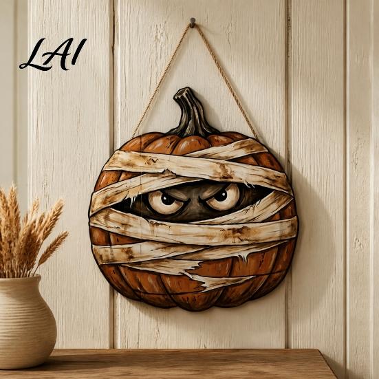 Rustic Farmhouse Entryway Sign Halloween Mummy Pumpkin Hanging Sign Retro Wooden Pendant with Office Window Ornament Hemp Rope for Front Door