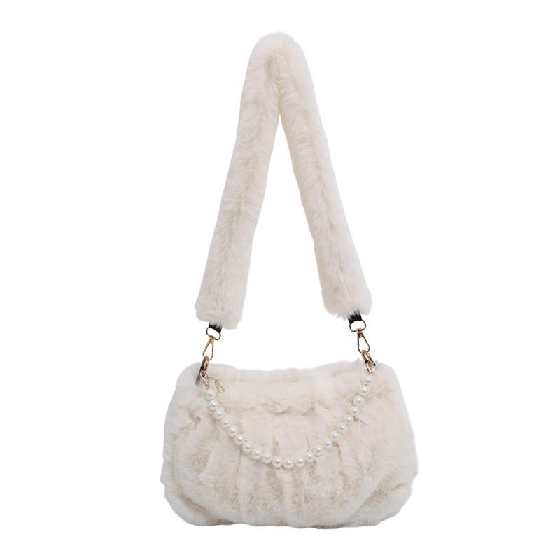 Luxury Faux Fur Underarm Bag Pearl Chain Plush Handbag Fashi Winter Shoulder Bag With Soft Fluffy Pleat Elegant Commuter Bag