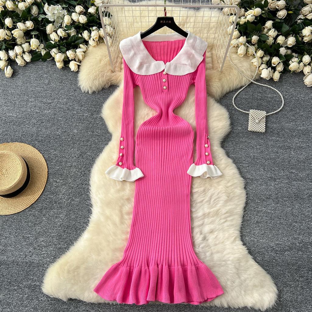 Knitted Dress Women's Autumn and Winter French Retro Color Collision Doll Collar Single-breasted Waist Slim Fishtail Long Dress